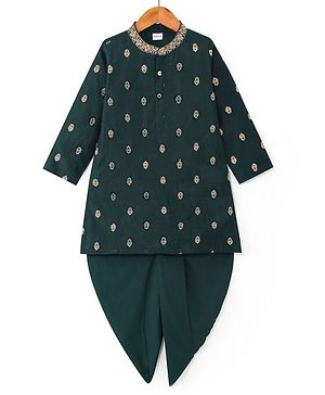 Babyhug Woven Full Sleeves Embroidered  Dhoti Kurta Set - Olive Green