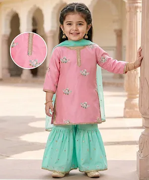 Babyhug Woven Full Sleeves Sequinned
                              Chanderi Floral Embroidered Kurti Gharara
                              & Net Dupatta Set - Pink & Blue
