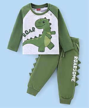 Babyhug Cotton Knit Raglan Sleeves T-Shirt & Lounge Pants Set With Dino Print & Applique - Green