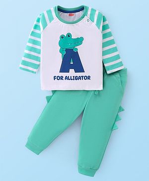 Babyhug Cotton Knit Raglan Sleeves T-Shirt & Lounge Pants Set With Alligator Print - White & Green