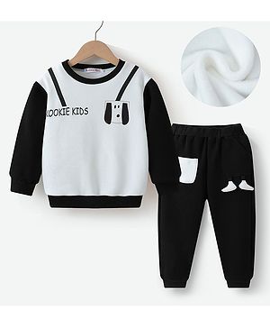 Kookie Kids Full Sleeves Winter Wear Suit With Puppy Print & 3D Applique - Black & White