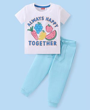 Babyhug Cotton Knit Half Sleeves T-Shirt & Lounge Pants Set With Fruits Print - White & Blue