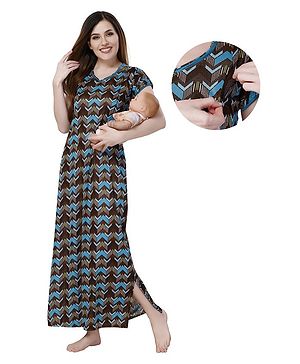 Piu Sinker Woven Half Sleeves Abstract Printed Nighty With Concealed Nursing Access - Blue