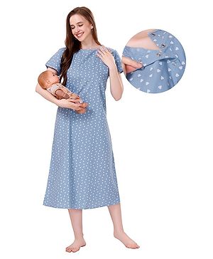 Piu Cotton Half Sleeves Hearts Printed Nighty With Nursing Access - Blue