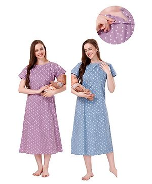 Piu Women's Feeding Pack of 2 Cotton Half Sleeves Heart Print Nighty - Pink & Blue