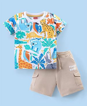 Babyhug Cotton Knit Half Sleeves T-Shirt & Shorts Set With Animals & Text Print - Beige