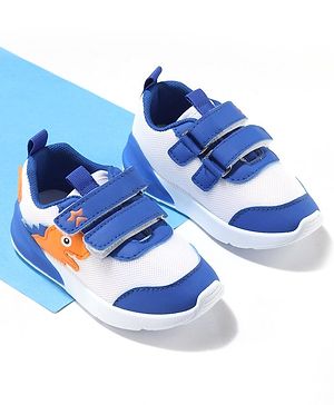 Cute Walk by Babyhug Velcro Closure Sneakers With Dino Patch Applique - White & Royal Blue