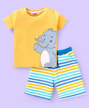 Babyhug Cotton Knit Half Sleeves T-Shirt & Shorts With Elephant & Stripes Print - Yellow