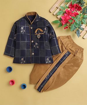 Jeet Ethnics Full Sleeves Floral Printed & Checked Design Kurta With Coordinating Dhoti - Navy Blue