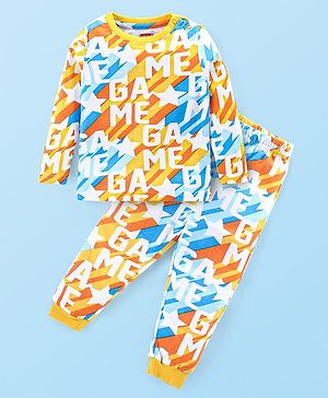 Babyhug Cotton Knit Full Sleeves Night Suit With Text Print - White & Yellow