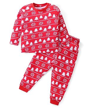 Babyhug Cotton Knit Full Sleeves Night Suit with Trees & Floral Print - Orange