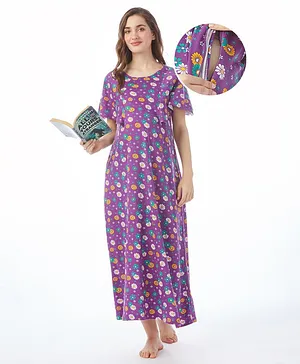 Bella Mama Cotton Knit Half Sleeves
                              Concealed Zipper Nighty With Floral Print-
                              Purple
