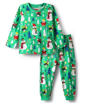Babyhug Cotton Knit Full Sleeves Night Suit with Holiday Print - Green