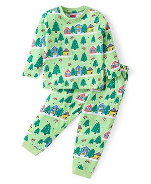 Babyhug Cotton Knit Full Sleeve Night Suit Scenery Print- Green