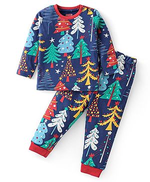 Babyhug Cotton Knit Full Sleeves Night Suit with Christmas Tree Print - Navy Blue