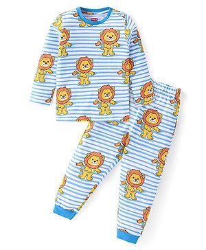 Babyhug Cotton Knit Full Sleeve Night Suit Lion Print- Blue