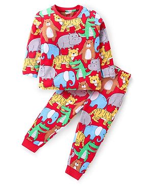 Babyhug Cotton Knit Full Sleeves Night Suit with Animal Print - Maroon