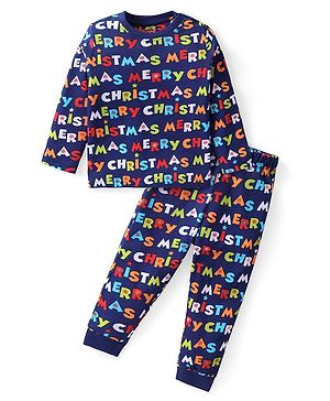 Babyhug Cotton Knit Full Sleeves Night Suit With Alphabet Print- Navy Blue