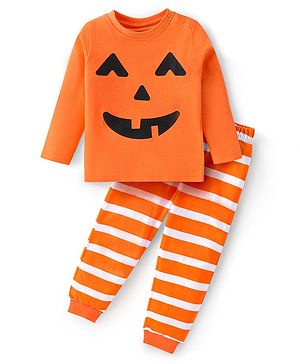 Babyhug Cotton Knit Full Sleeves Night Suit With Halloween Theme Pumpkin Print - Orange