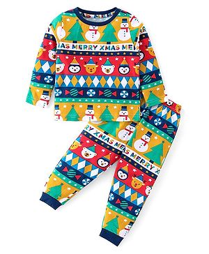Babyhug Cotton Knit Full Sleeves Night Suit with Snowman Print - Navy Blue