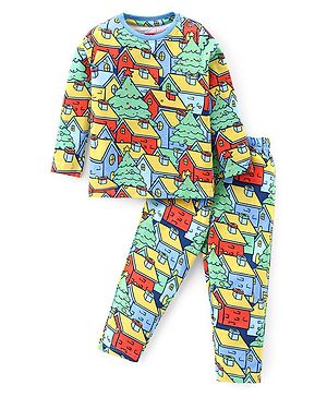 Babyhug Cotton Knit Full Sleeves Night Suit With Countryside Houses Print - Multicolor