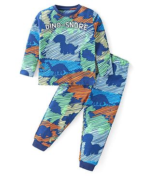 Babyhug Cotton Knit Full Sleeves Night Suit With Dino Print - Navy