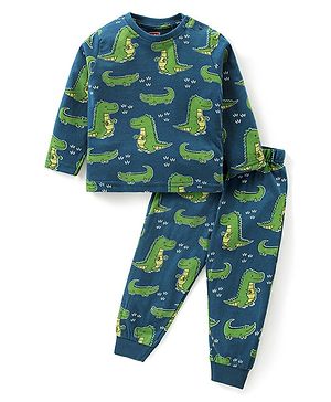 Babyhug Cotton Knit Full Sleeves Night Suit with Dino Print - Blue