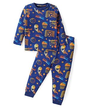 Babyhug Cotton Knit Full Sleeves Night Suit With Basket Ball Print - Navy Blue