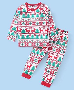 Babyhug Cotton Knit Full Sleeves Night Suit With Christmas Theme Print - Red & Green