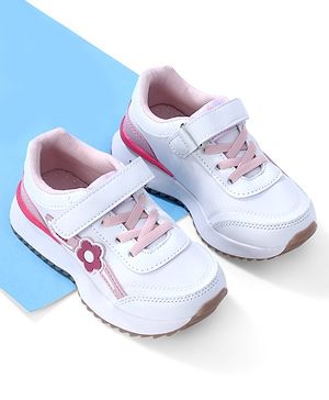 Cute Walk by Babyhug Sneaker with Velcro Closure Floral Applique - White & Pink