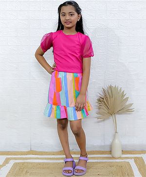 M'andy Cotton  Half Sleeves Solid Top With Abstract Printed Skirt Set -  Magenta