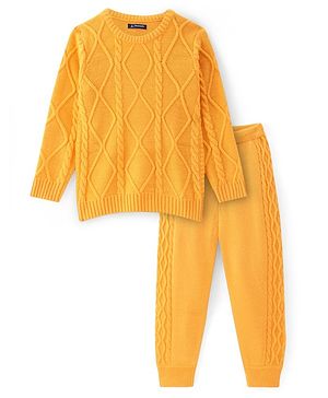 Pine Kids Knitted Full Sleeves Pullover  Sweater & Pant Set with Cable Knit Design  - Mustard