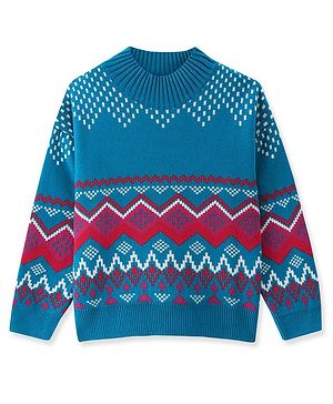 Pine Kids Knitted Full Sleeves Pullover Sweater with Chevron Design - Multicolour