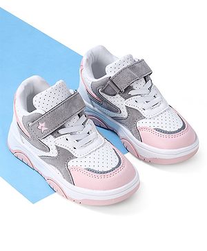 Cute Walk by Babyhug Sneaker with Lace Up & Velcro Closure - White & Pink