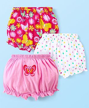 Babyhug 100% Cotton Floral Printed Bloomers Pack of 3 - Pink & White