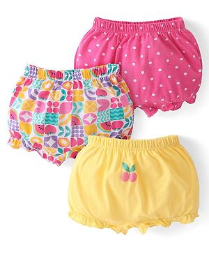 Babyhug 100% Cotton Knit Floral Printed Bloomers Pack of 3 - Pink & Yellow