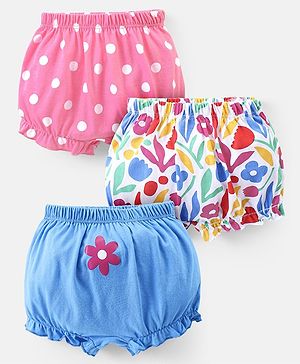 Babyhug 100% Cotton Knit Bloomers With Floral & Polka Dot Print Pack of 3 - Blue White & Pink