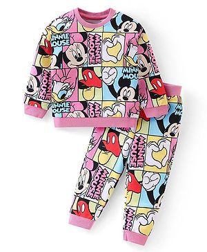Babyhug Disney Cotton Knit Full Sleeves T-Shirt & Lounge Pants Set With Minnie Mouse Print - White