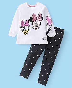 Babyhug Disney Cotton Knit Full Sleeves T-Shirt & Lounge Pants Set With Minnie Mouse & Friends Graphics & Badge Detailing - White & Black