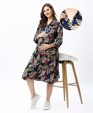 Bella Mama Woven Three Fourth Sleeves Maternity Shirt Dress with Side Pocket Leafy & Floral Print -Navy