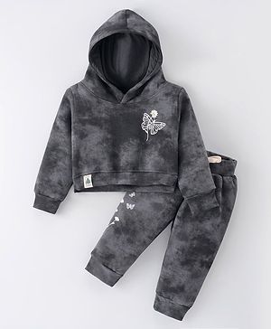 Ollypop Fleece Knit Full Sleeves Hooded Winter Wear Suit With Floral & Butterfly Print - Grey