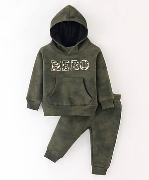 Ollypop Fleece Knit Full Sleeves Hooded Winter Wear Suit With Text Print & Kangaroo Pocket - Olive Green