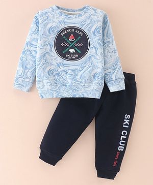 Ollypop Fleece Knit Full Sleeves Winter Wear Suit With Text Print & Abstract Design - Blue