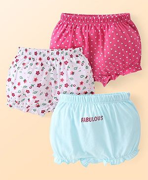 Babyhug 100% Cotton Knit Floral Printed Bloomers Pack of 3 - Dark Pink White & Aqua Blue