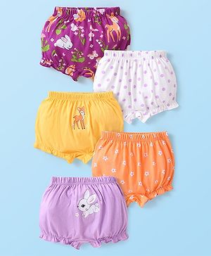Babyhug Single Jersey 100% Cotton Knit Bloomers Bunny & Floral Print Pack of 5 - White Orange & Yellow