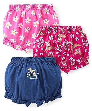 Babyhug 100% Cotton Bloomers With Floral & Animal Print Pack of 3 - Pink & Blue