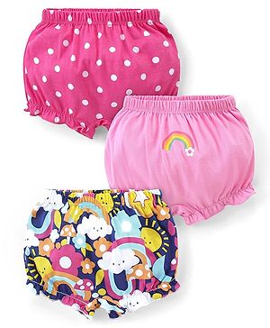 Babyhug 100% Cotton Knit Bloomers with Rainbow & Polka Dots Print Pack of 3 - Pink & Blue