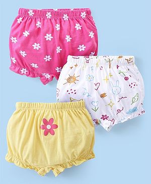 Babyhug 100% Cotton Knit Bloomers With Floral & Animal Print Pack of 3 - Yellow White & Pink