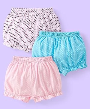 Babyhug 100% Cotton Knit Polka Dots Printed Bloomers Pack of 3 - Pink Blue & White