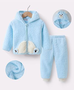 Kookie Kids Full Sleeves Winter Wear Suit with Bear Applique & Embroidery - Sky Blue